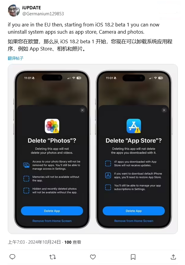 海晏苹果手机维修分享iOS 18.2 支持删除 App Store 应用商店 