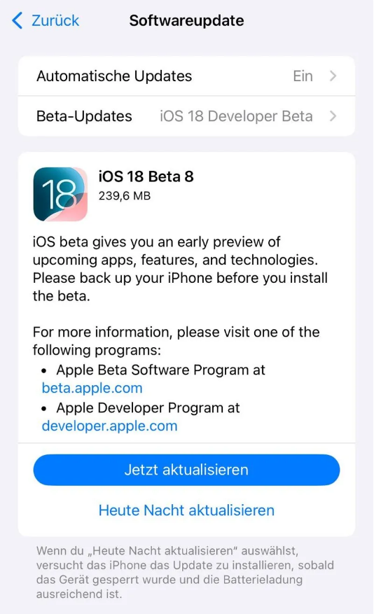 海晏苹果手机维修分享苹果 iOS / iPadOS 18 开发者预览版 Beta 8 发布 